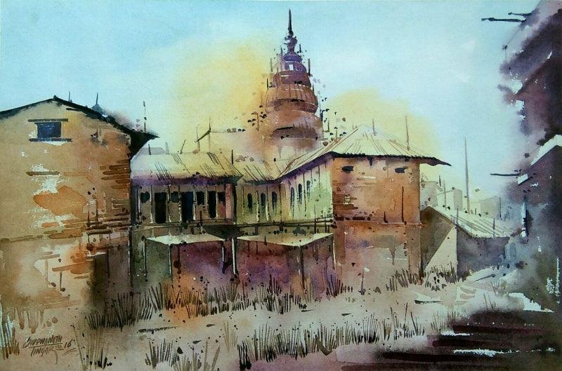 Landscape watercolor painting titled 'Temple', 22x17 inches, by artist Siddhanath Tingare on Paper