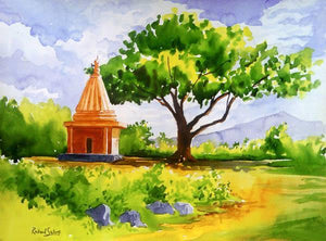 Temple (Sacred Shade) by Rahul Salve, Original Watercolor Landscape Painting on Paper, Small Horizontal Wall Art