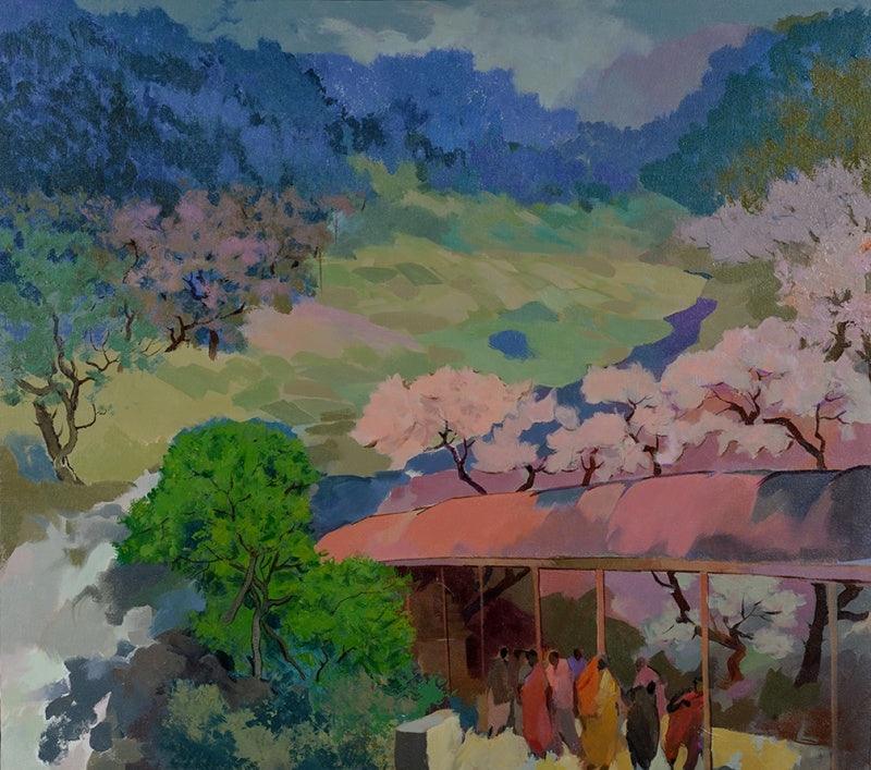 Religious acrylic painting titled 'Temple', 27x31 inches, by artist Sikandar Mulla on Canvas