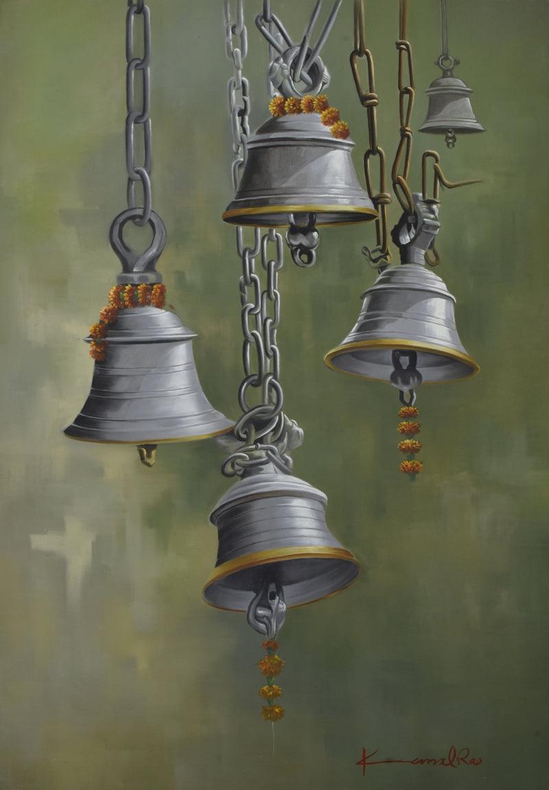 Religious oil painting titled 'Temple Bells', 46x32 inches, by artist Kamal Rao on Canvas