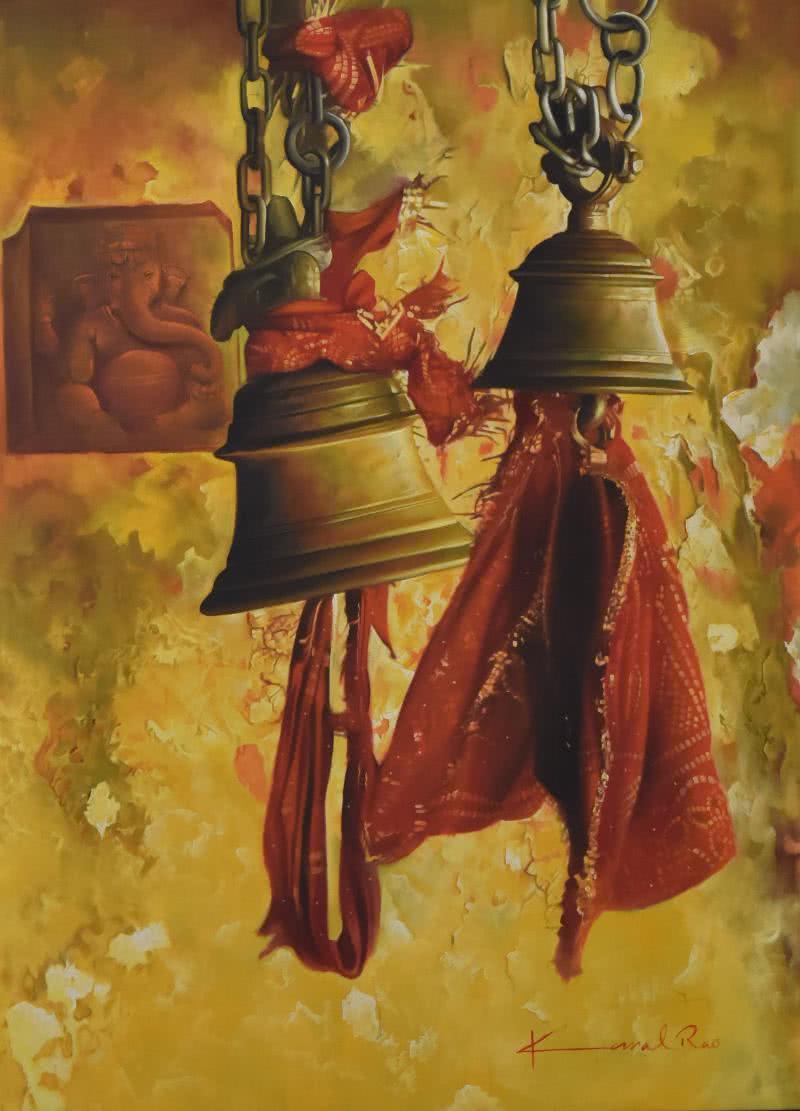 Religious oil painting titled 'Temple Bells', 35x48 inches, by artist Kamal Rao on Canvas
