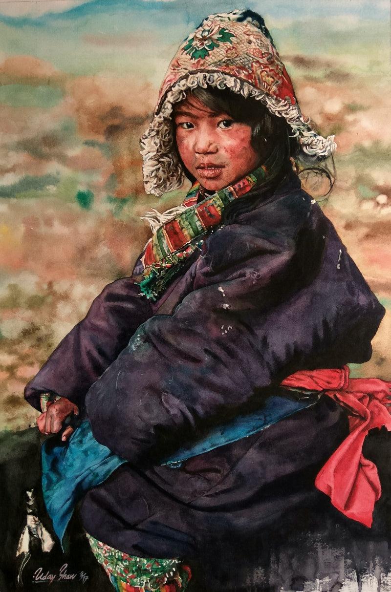 Lifestyle watercolor painting titled 'The Boy ', 22x15 inches, by artist Dr.uday Bhan on Paper