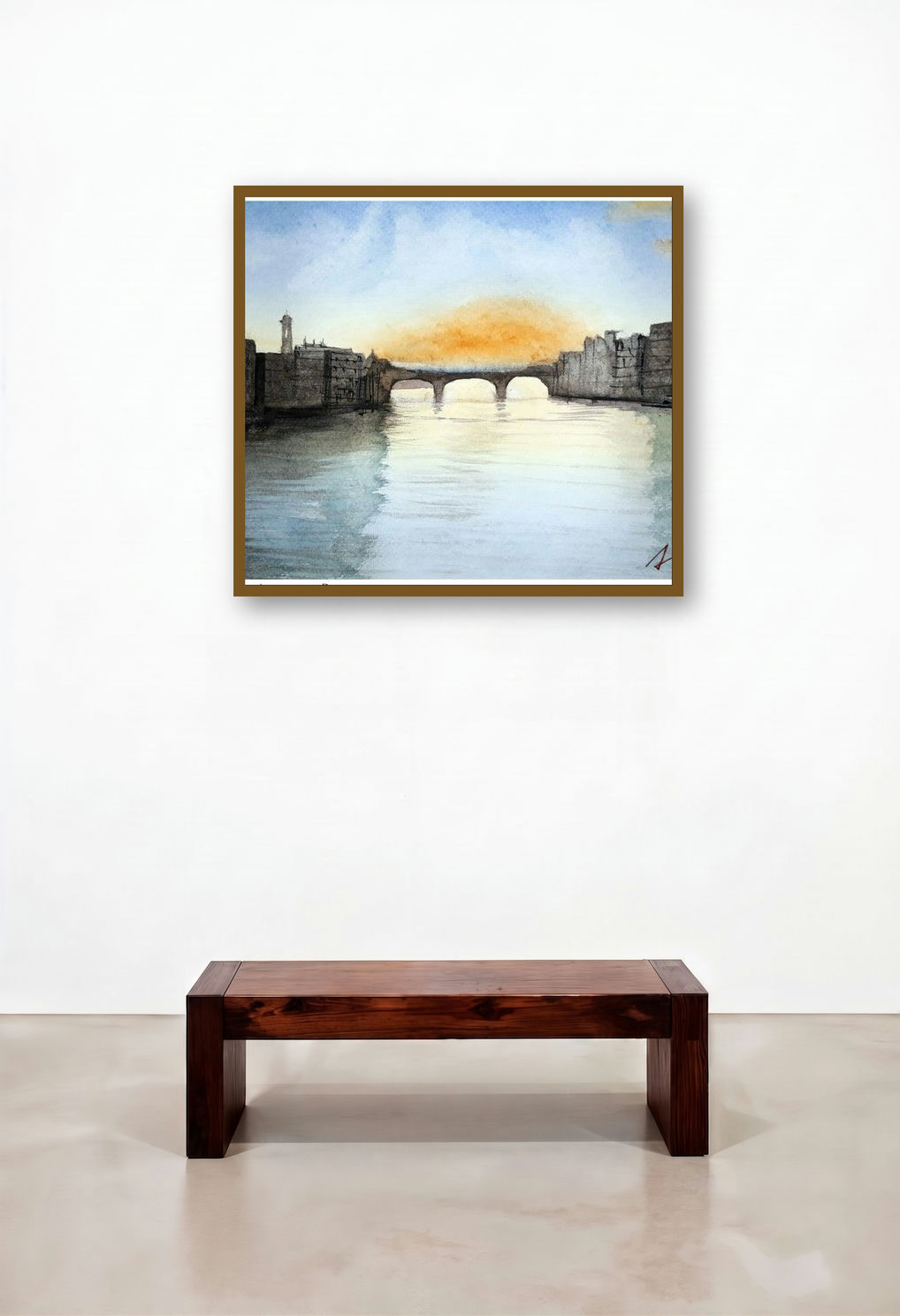 The Bridge (Cityscape at Sunset) by artist Arunava Ray displayed in a Transitional Living Room