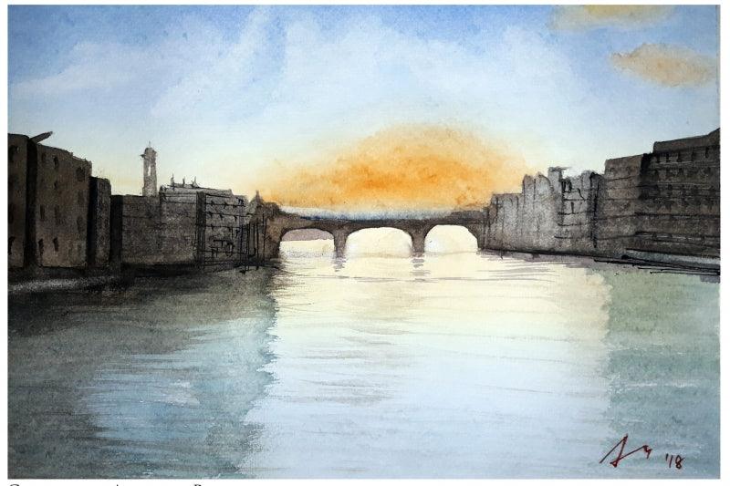 Cityscape watercolor painting titled 'The Bridge', 7x11 inches, by artist Arunava Ray on Paper