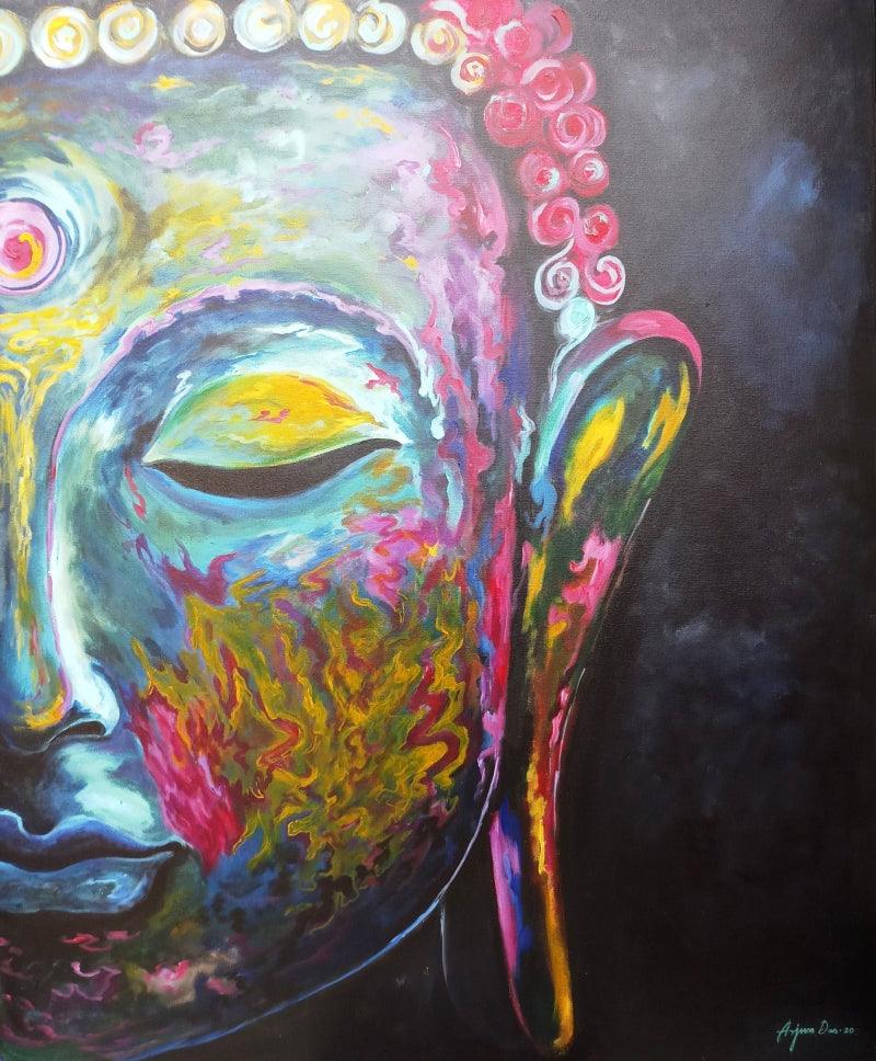Religious acrylic painting titled 'The Buddha', 42x36 inches, by artist Arjun Das on Canvas
