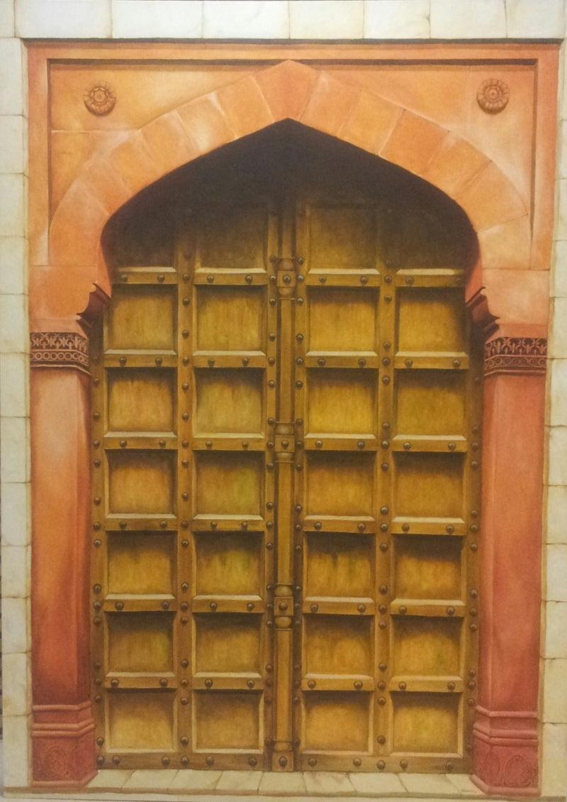 Landscape oil painting titled 'The Door', 94x60 inches, by artist Dhirendra Mandge on Canvas