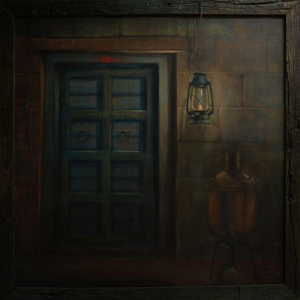 Cityscape acrylic painting titled 'The Door', 60x60 inches, by artist Gopal Pardeshi on Canvas