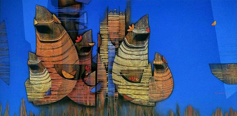 Figurative acrylic painting titled 'The Family', 36x72 inches, by artist Rahul Dangat on Canvas