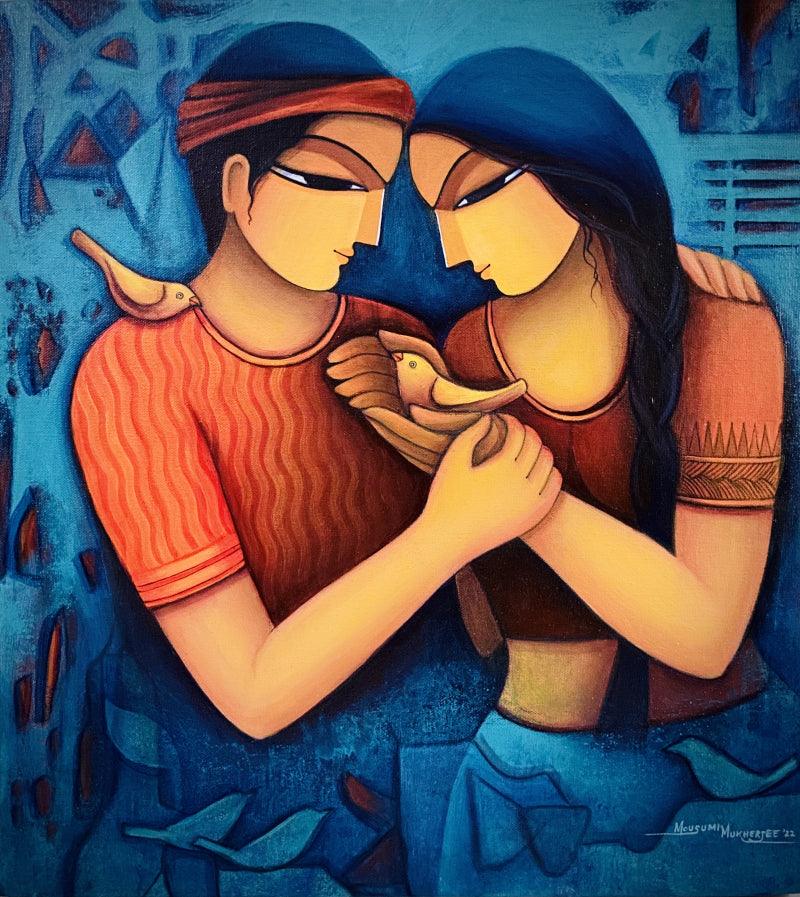 Figurative acrylic painting titled 'The Family', 20x18 inches, by artist Mousumi Mukherjee on Canvas