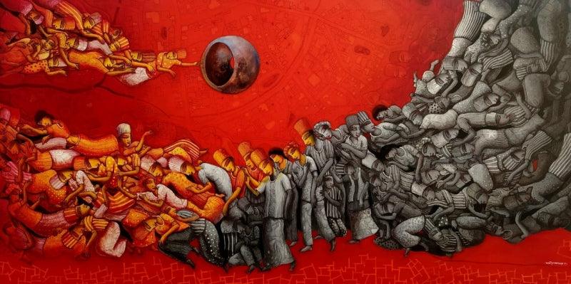 Figurative acrylic painting titled 'The Goal', 36x72 inches, by artist Samir Sarkar on Canvas