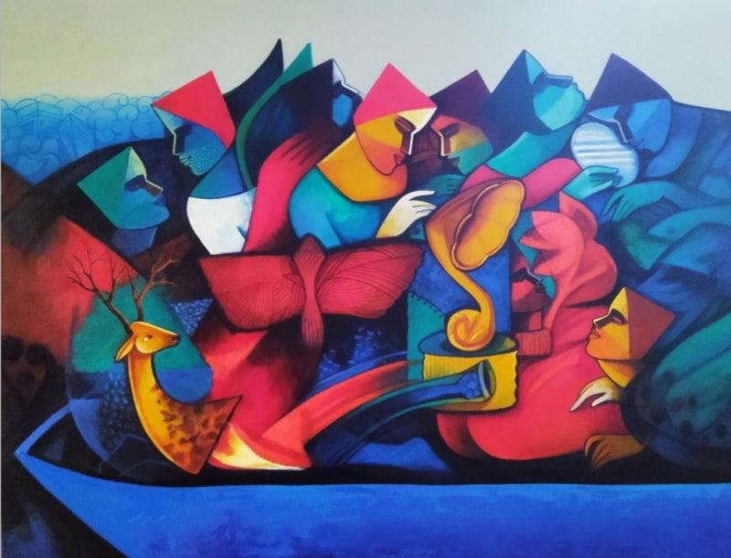Figurative acrylic painting titled 'The Journey', 34x45 inches, by artist Nawal Kishore on Canvas