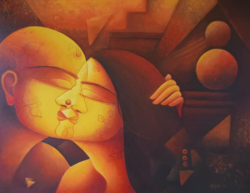 Figurative acrylic painting titled 'The Kiss', 20x26 inches, by artist Anjali Surana on Canvas