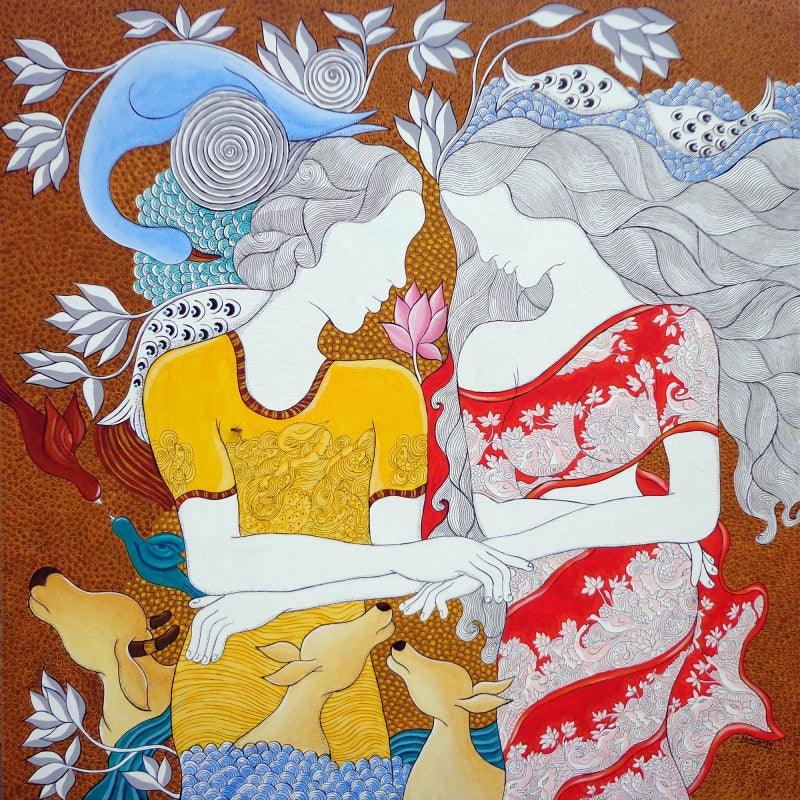 contemporary acrylic pen painting titled 'The Lovers', 36x36 inches, by artist Hariom Kuthwaria on Canvas