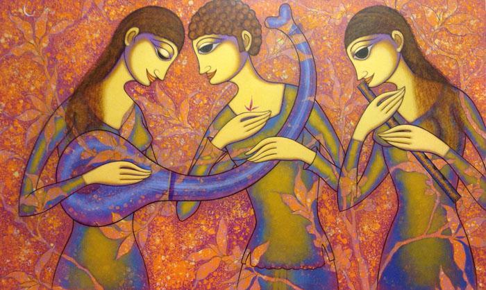 Figurative acrylic painting titled 'The Musicians', 34x60 inches, by artist Prakash Deshmukh on Canvas