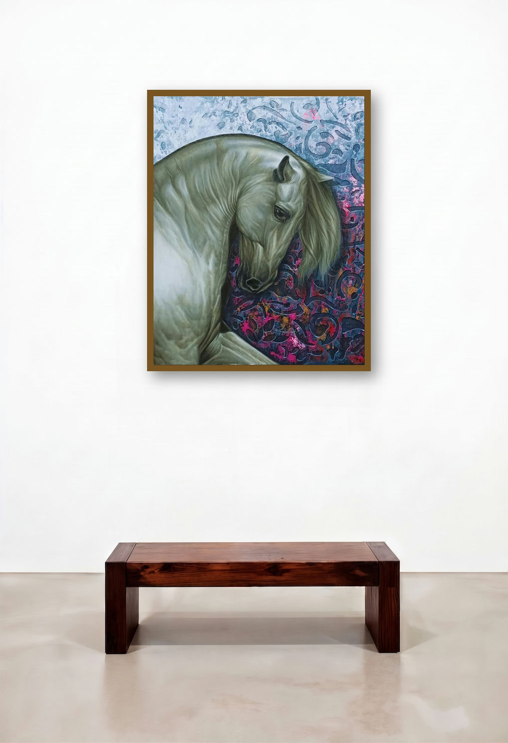 The Royal Horse (Silver Shadow) by artist Pradeep Kumar displayed in a Urban Loft Bedroom