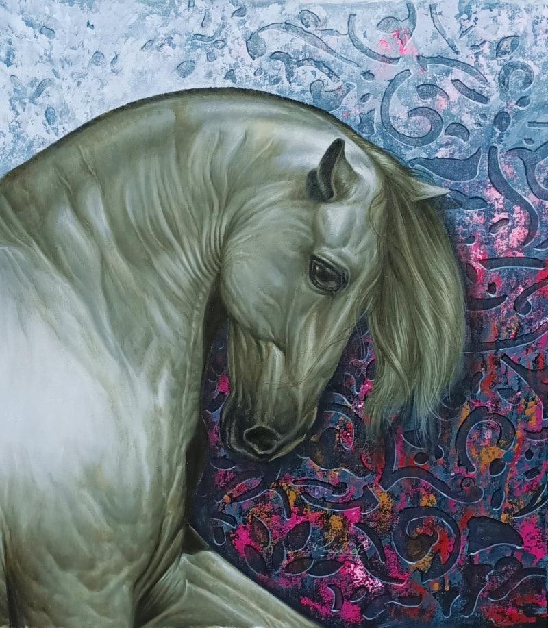 Animals oil painting titled 'The Royal Horse', 29x26 inches, by artist Pradeep Kumar on Canvas