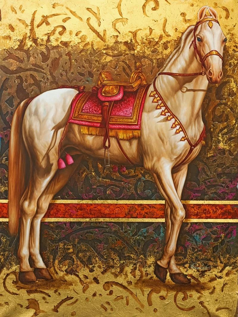 Animals oil painting titled 'The Royal Horse', 48x36 inches, by artist Pradeep Kumar on Canvas