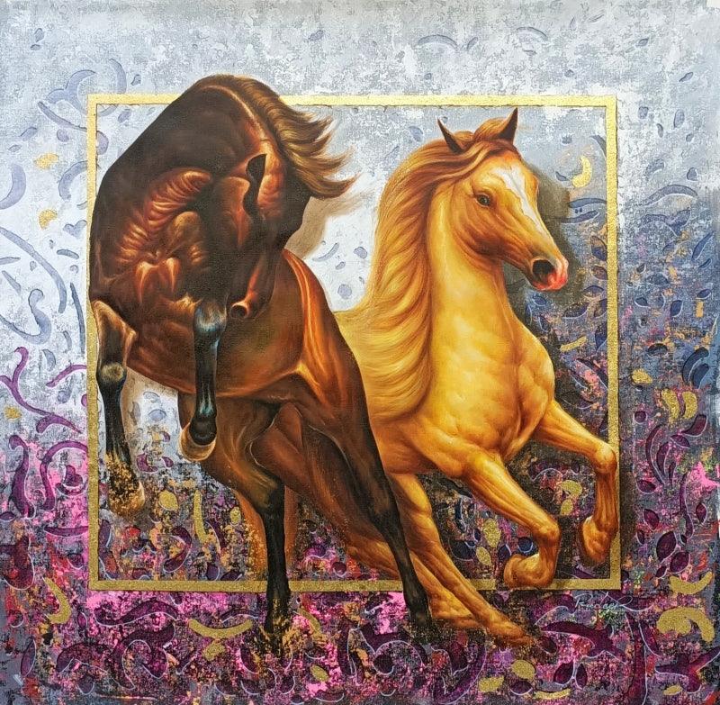 Animals oil painting titled 'The Royal Horse', 36x36 inches, by artist Pradeep Kumar on Canvas