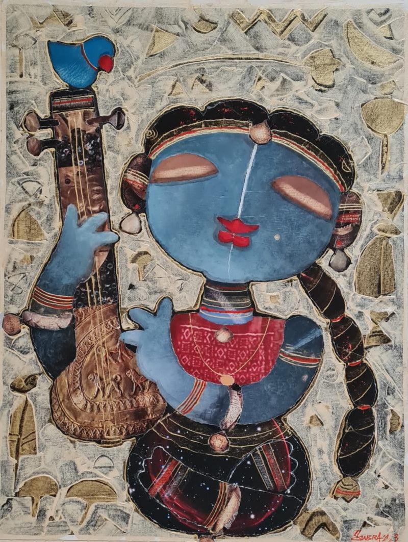 Figurative mixed media painting titled 'The Singer', 24x18 inches, by artist G Subramanian on Canvas