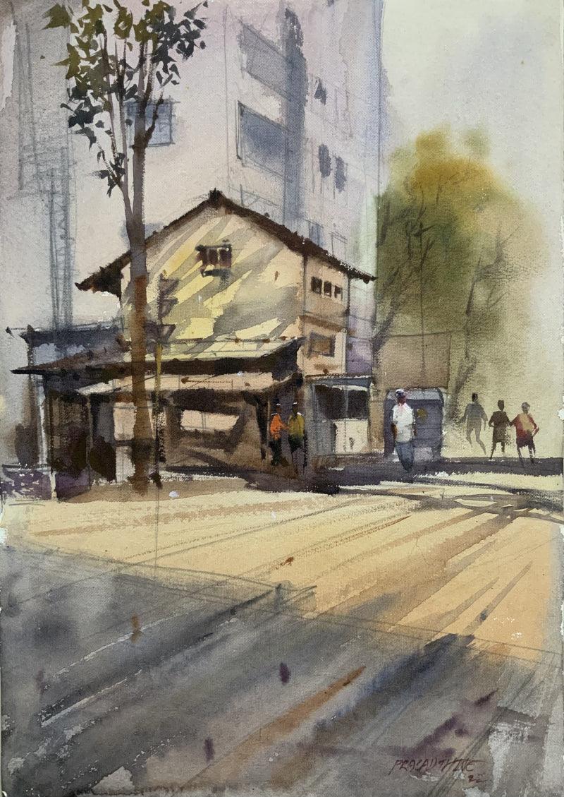 Landscape watercolor painting titled 'The Street 2', 20x14 inches, by artist Prasad Thite on Handmade Paper