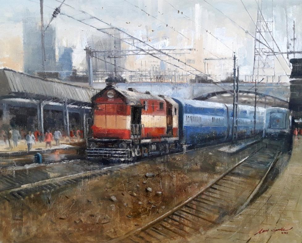 Cityscape oil painting titled 'The Train', 24x30 inches, by artist Atul Gendle on Canvas