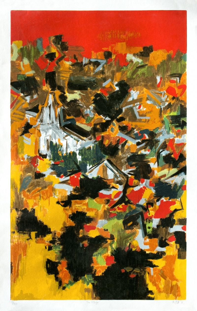 Abstract serigraphs painting titled 'The Village', 60x38 inches, by artist S. H. Raza on Paper