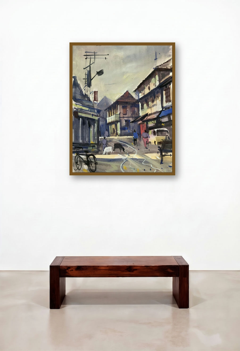The Village (Village Life) by artist Prasad Thite displayed in a Rustic Living Room
