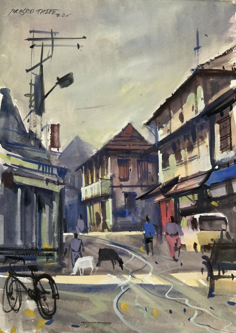 Cityscape watercolor painting titled 'The Village', 14x10 inches, by artist Prasad Thite on Handmade Paper