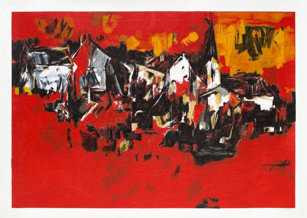 Abstract serigraphs painting titled 'The Village', 60x84 inches, by artist S. H. Raza on Paper