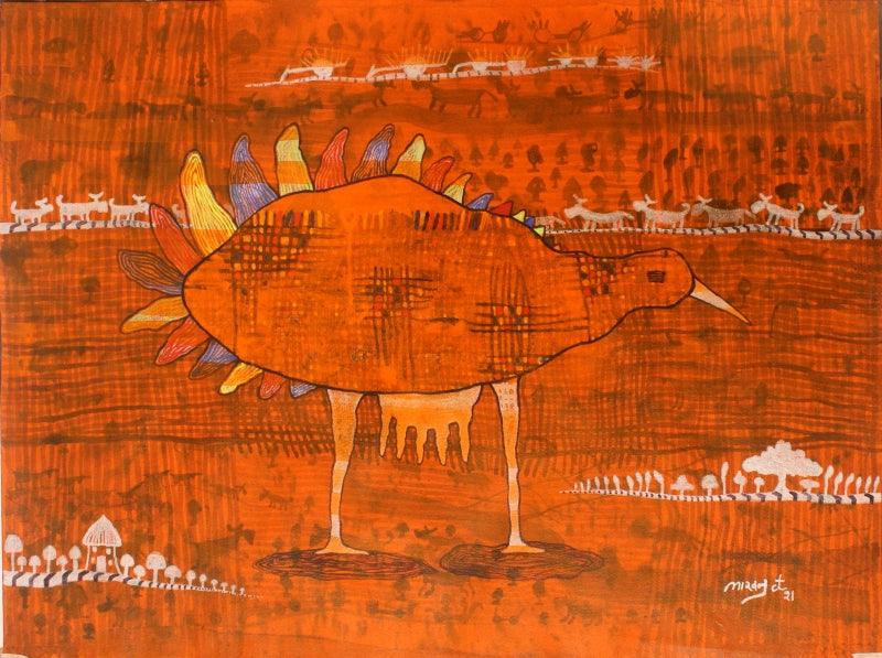 Abstract acrylic painting titled 'The village life', 24x28 inches, by artist Lakhan Singh Jat on Paper