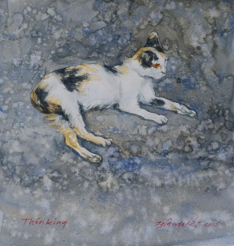 Animals watercolor painting titled 'Thinking', 8x8 inches, by artist Avishkar Vispute on Paper