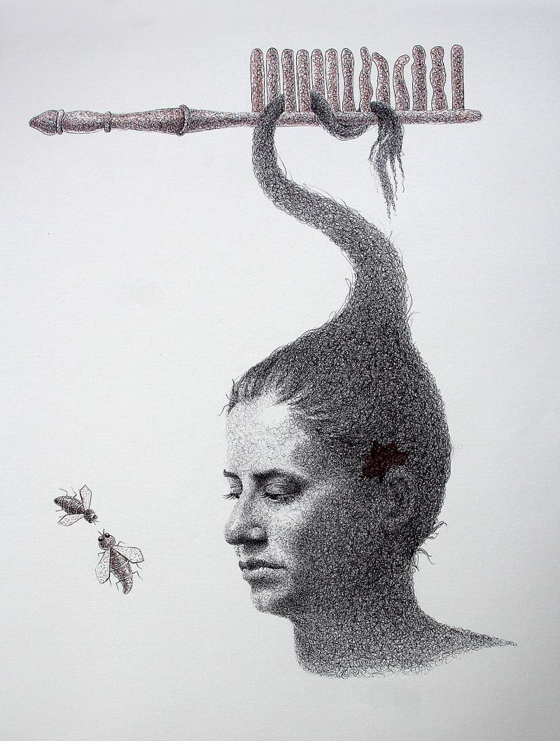 Nude pen drawing titled 'Thoughts', 26x20 inches, by artist Mansi Sagar on Paper