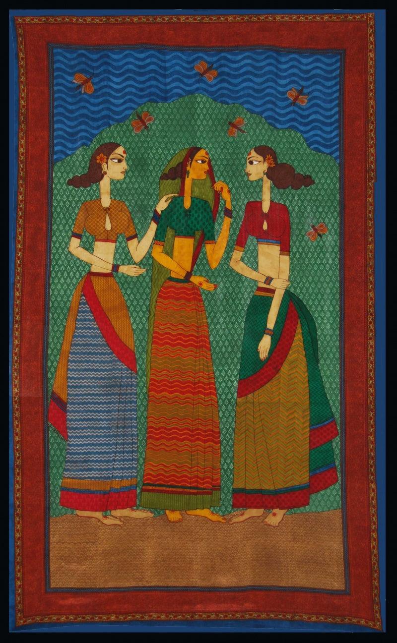 Figurative printmaking titled 'Three Friends', 77x45 inches, by artist Jasminder Kaur on Silk