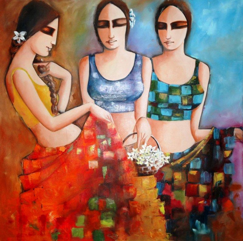 Figurative acrylic painting titled 'Three Friends', 36x36 inches, by artist Kamal Devnath on Canvas