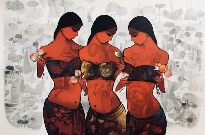 Figurative acrylic painting titled 'Three Girls', 48x72 inches, by artist Mukesh Salvi on Canvas