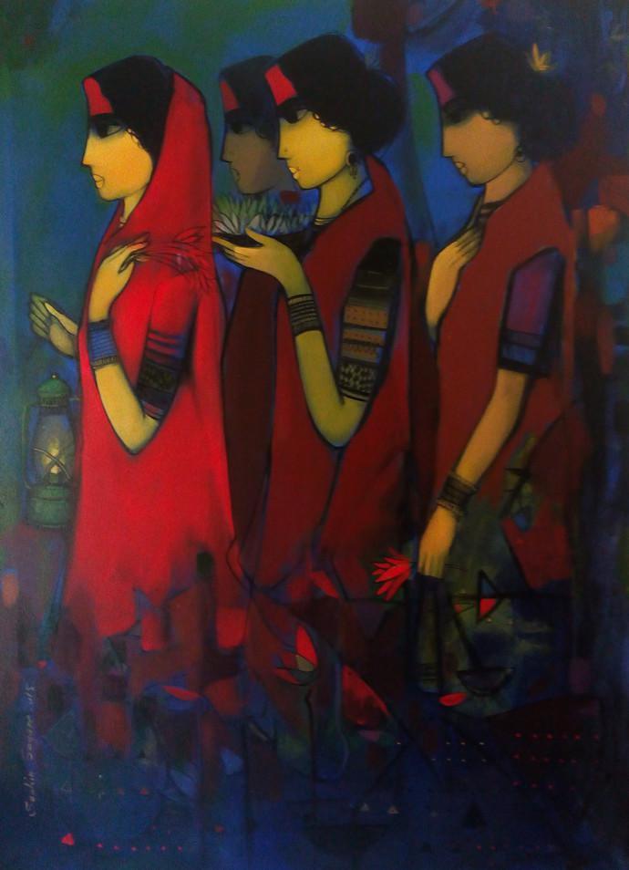 Figurative acrylic painting titled 'Three Women', 54x40 inches, by artist Sachin Sagare on Canvas