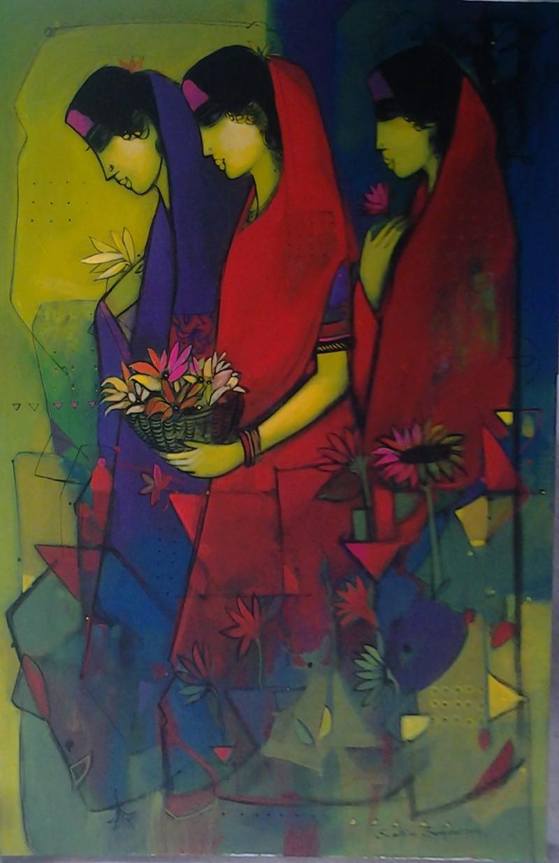 Figurative acrylic painting titled 'Three Women', 30x44 inches, by artist Sachin Sagare on Canvas