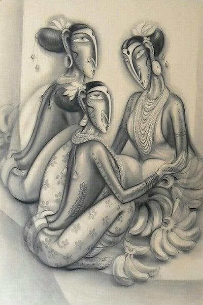 Figurative charcoal painting titled 'Three Women', 29x21 inches, by artist Ramesh Pachpande on Paper