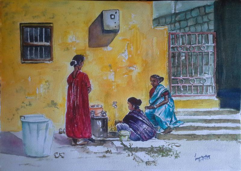 Figurative watercolor painting titled 'Three friends', 16x12 inches, by artist Lasya Upadhyaya on Paper