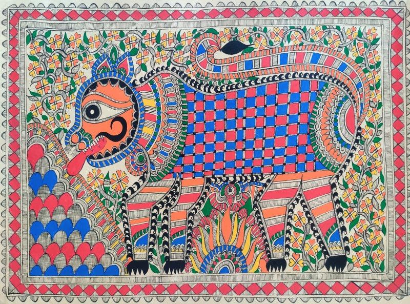 Animals madhubani traditional art titled 'Tiger', 22x30 inches, by artist Mithilesh Jha on Paper