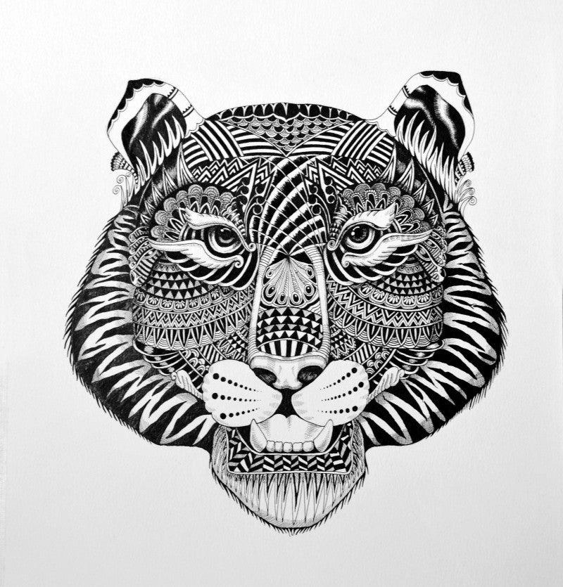 Animals pen drawing titled 'Tiger', 22x15 inches, by artist Kushal Kumar on Paper