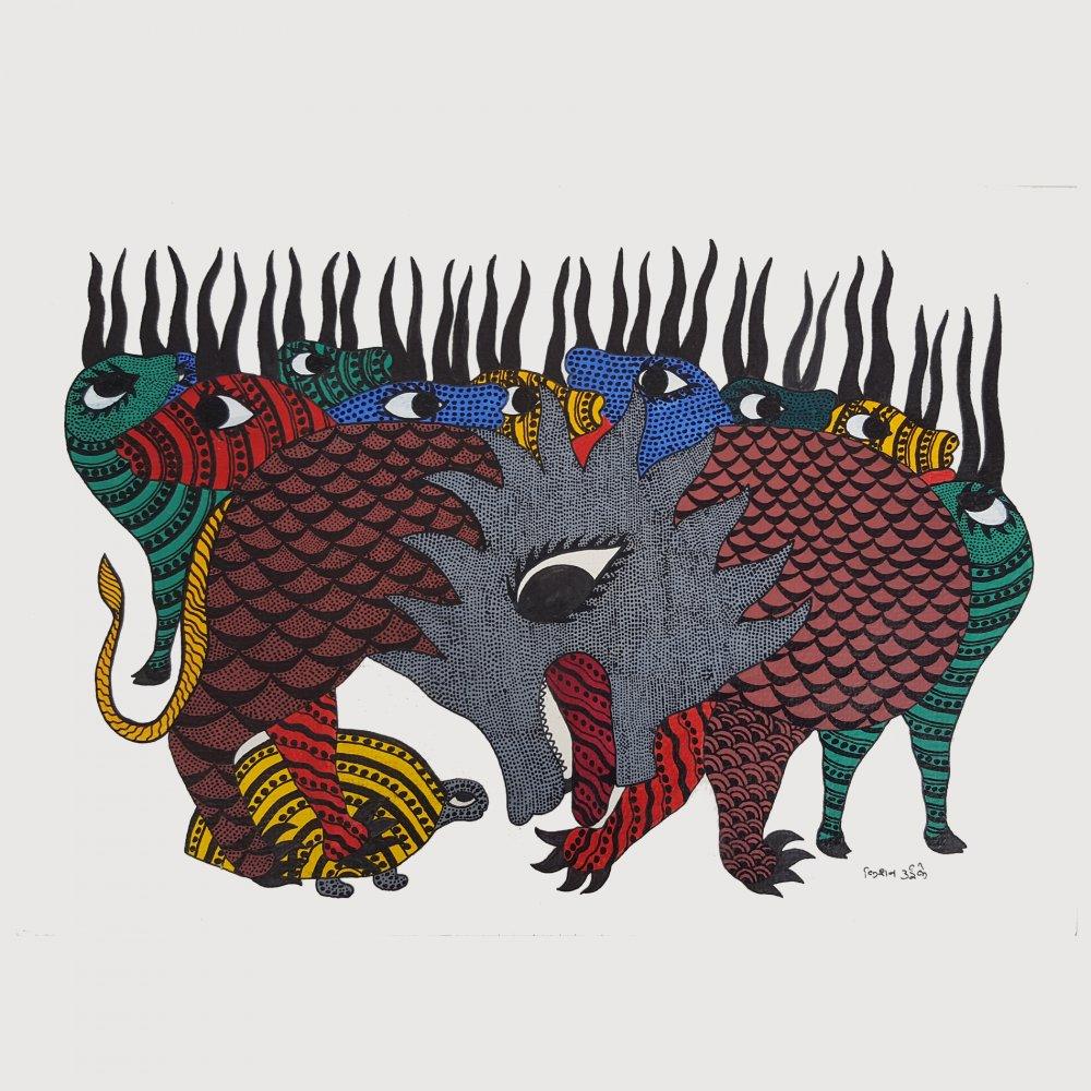 Folk Art gond traditional art titled 'Tiger and Deers Gond Art', 10x14 inches, by artist Kishan Uikey on Paper