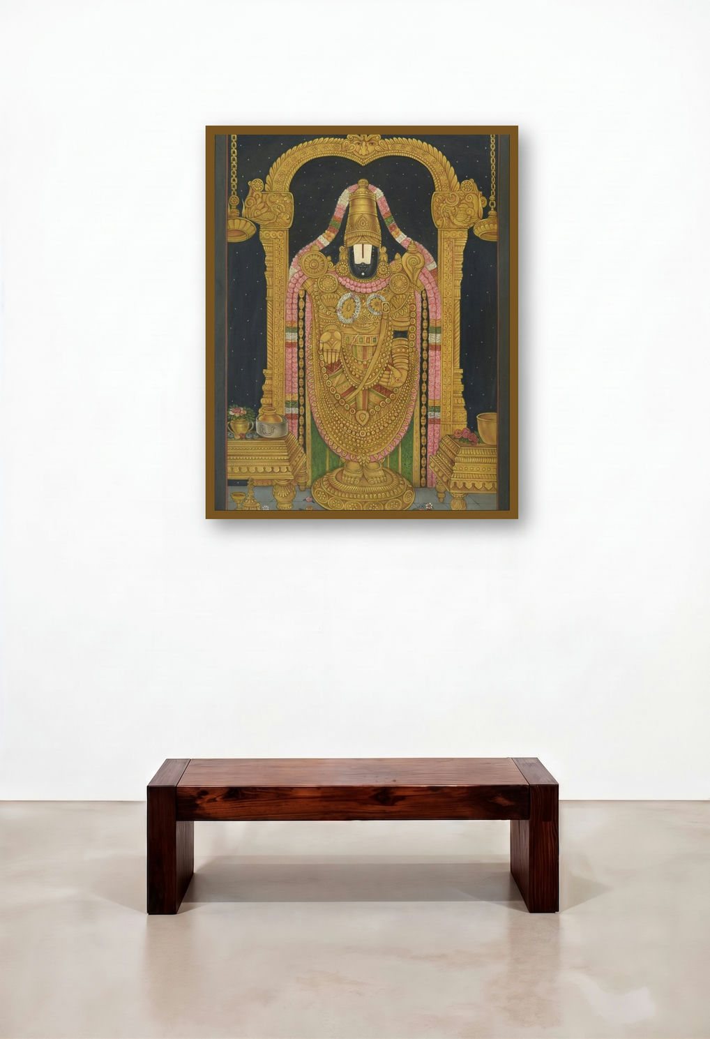 Tirupati Balaji Pichwai (Lord Venkateswara) by artist Pushkar Lohar Pichwai displayed in a Transitional Penthouse