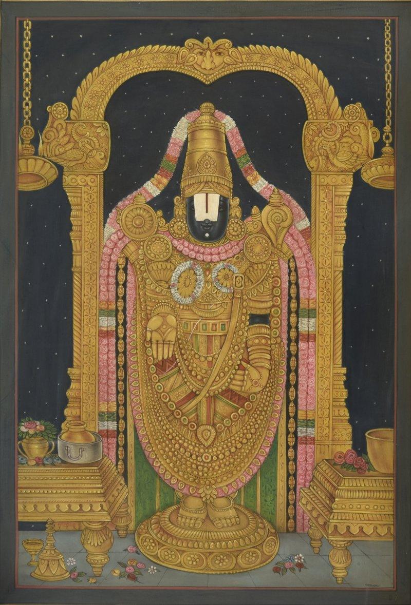 Religious mixed media painting titled 'Tirupati Balaji Pichwai', 26x38 inches, by artist Pushkar Lohar Pichwai on Cloth
