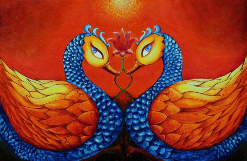 Surrealist acrylic painting titled 'Together', 20x30 inches, by artist Seby Augustine on Canvas