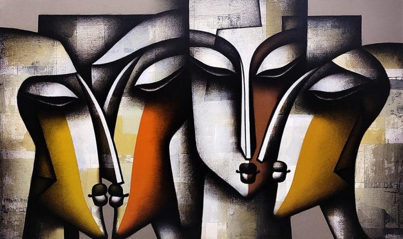 Figurative acrylic charcoal painting titled 'Togetherness 2', 36x60 inches, by artist Jagannath Paul on Canvas