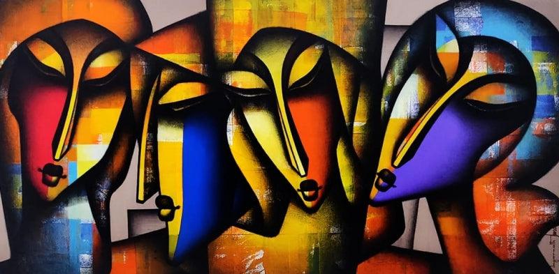 Figurative acrylic charcoal painting titled 'Togetherness 2', 36x72 inches, by artist Jagannath Paul on Canvas
