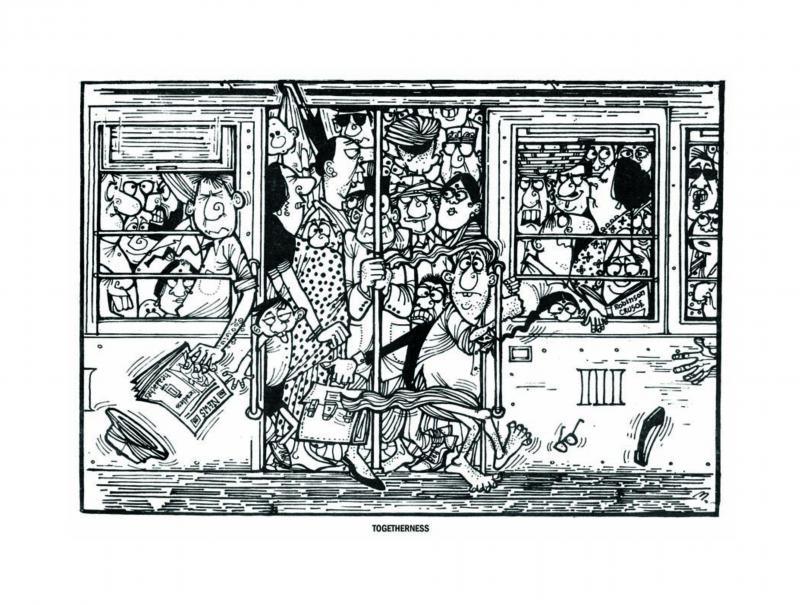 Cityscape pen ink painting titled 'Togetherness', 29x21 inches, by artist Mario Miranda on Paper