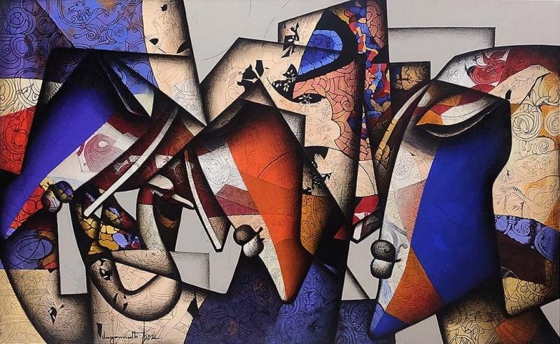 Figurative acrylic charcoal painting titled 'Togetherness', 36x60 inches, by artist Jagannath Paul on Canvas