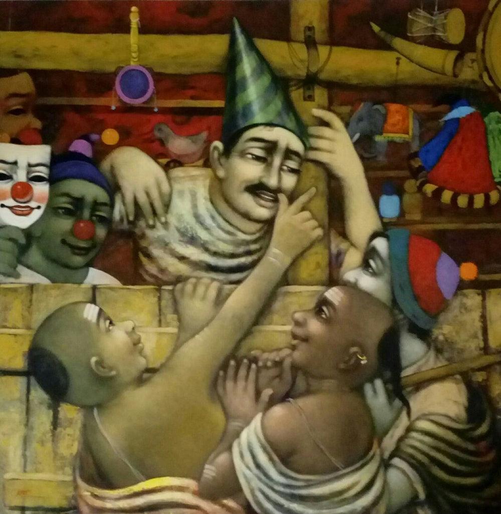 Figurative acrylic painting titled 'Toy Seller', 48x48 inches, by artist Apet Pramod on Canvas